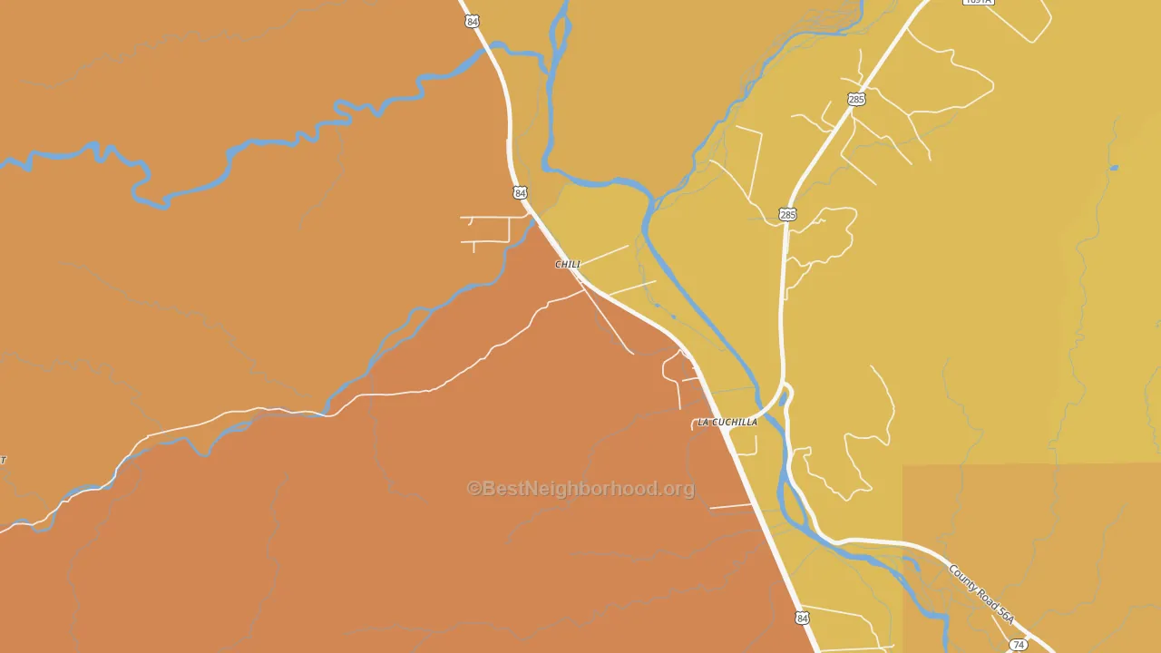 Map of the best neighborhoods in the Chili area, with better matches in green and worse matches in red