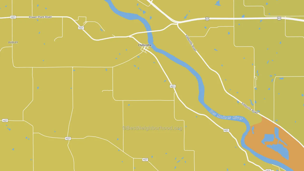 Map of the best neighborhoods in the Chillicothe area, with better matches in green and worse matches in red