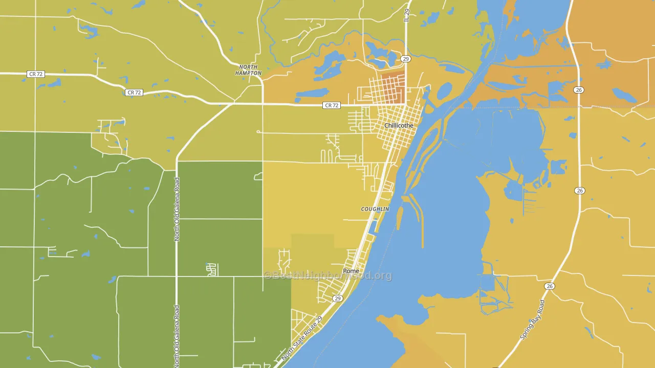 Map of the best neighborhoods in the Chillicothe area, with better matches in green and worse matches in red