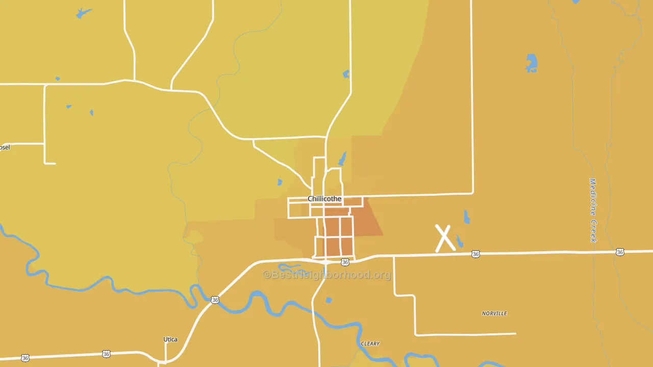 Map of the best neighborhoods in the Chillicothe area, with better matches in green and worse matches in red