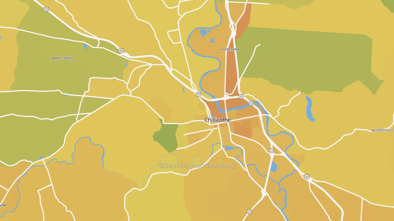 Map of the best neighborhoods in the Chillicothe area, with better matches in green and worse matches in red