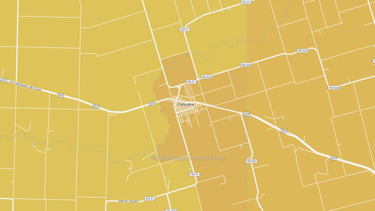 Map of the best neighborhoods in the Chillicothe area, with better matches in green and worse matches in red