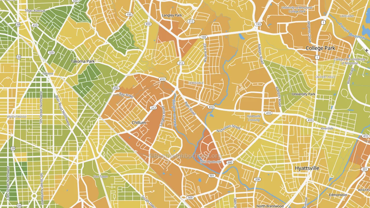 Map of the best neighborhoods in the Chillum area, with better matches in green and worse matches in red