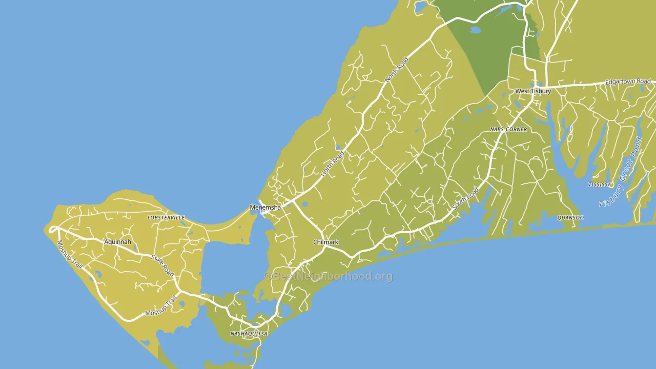 Map of the best neighborhoods in the Chilmark area, with better matches in green and worse matches in red