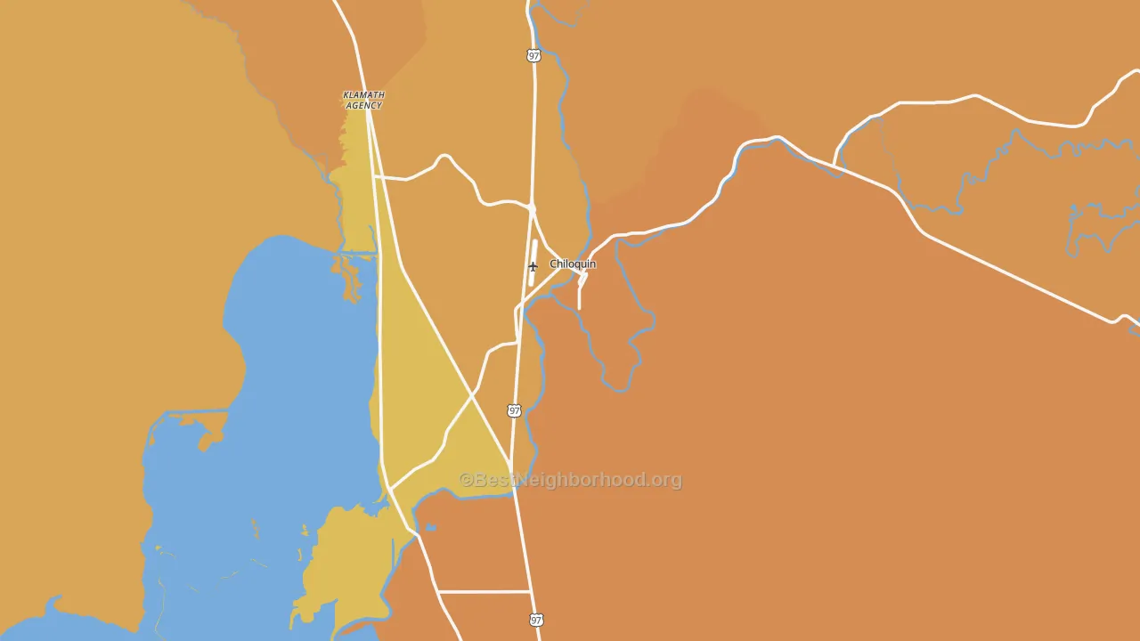 Map of the best neighborhoods in the Chiloquin area, with better matches in green and worse matches in red