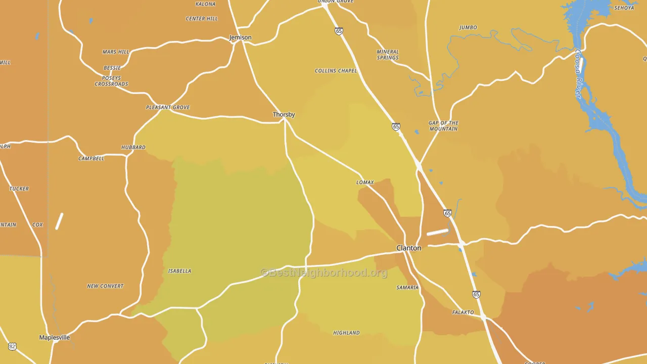 Map of the best neighborhoods in the Chilton County area, with better matches in green and worse matches in red