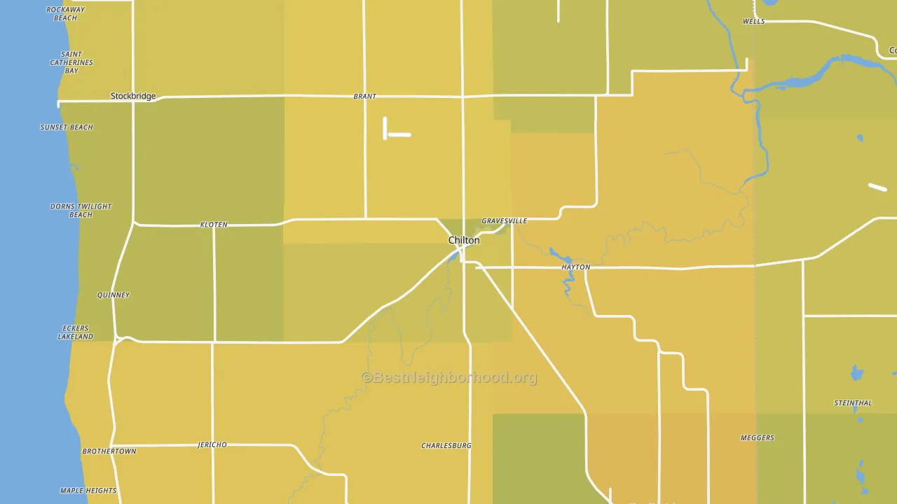 Map of the best neighborhoods in the Chilton area, with better matches in green and worse matches in red