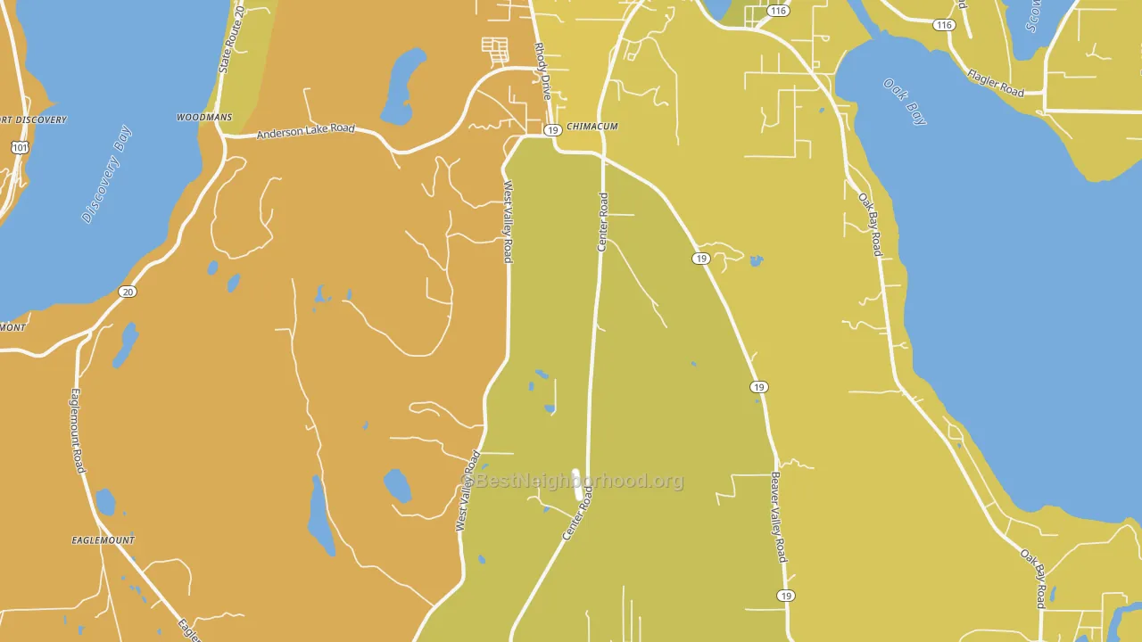 Map of the best neighborhoods in the Chimacum area, with better matches in green and worse matches in red