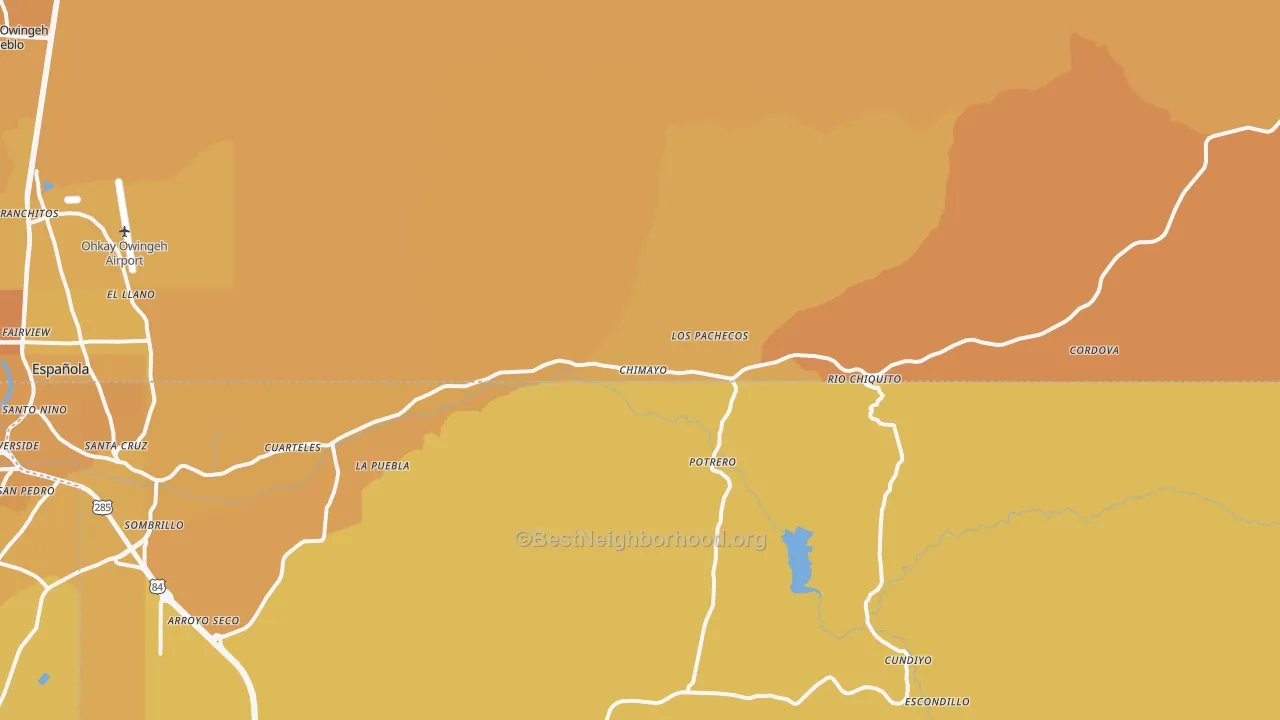 Map of the best neighborhoods in the Chimayo area, with better matches in green and worse matches in red