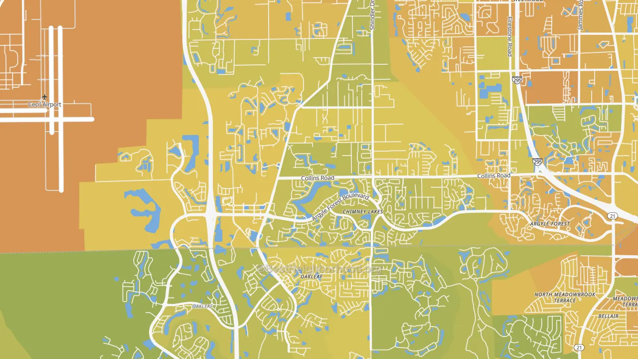 Map of the best neighborhoods in the Chimney Lakes, Jacksonville area, with better matches in green and worse matches in red