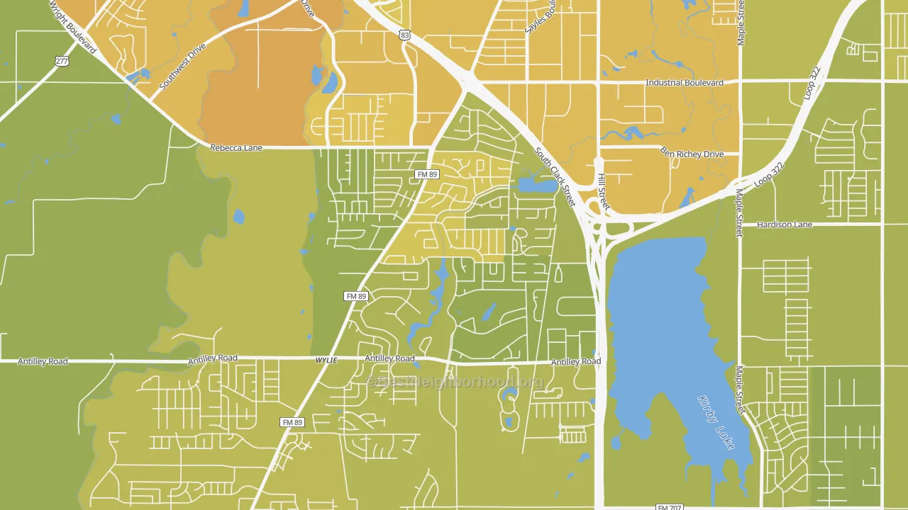 Map of the best neighborhoods in the Chimney Rock Area, Abilene area, with better matches in green and worse matches in red