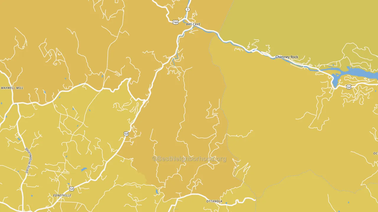 Map of the best neighborhoods in the Chimney Rock area, with better matches in green and worse matches in red