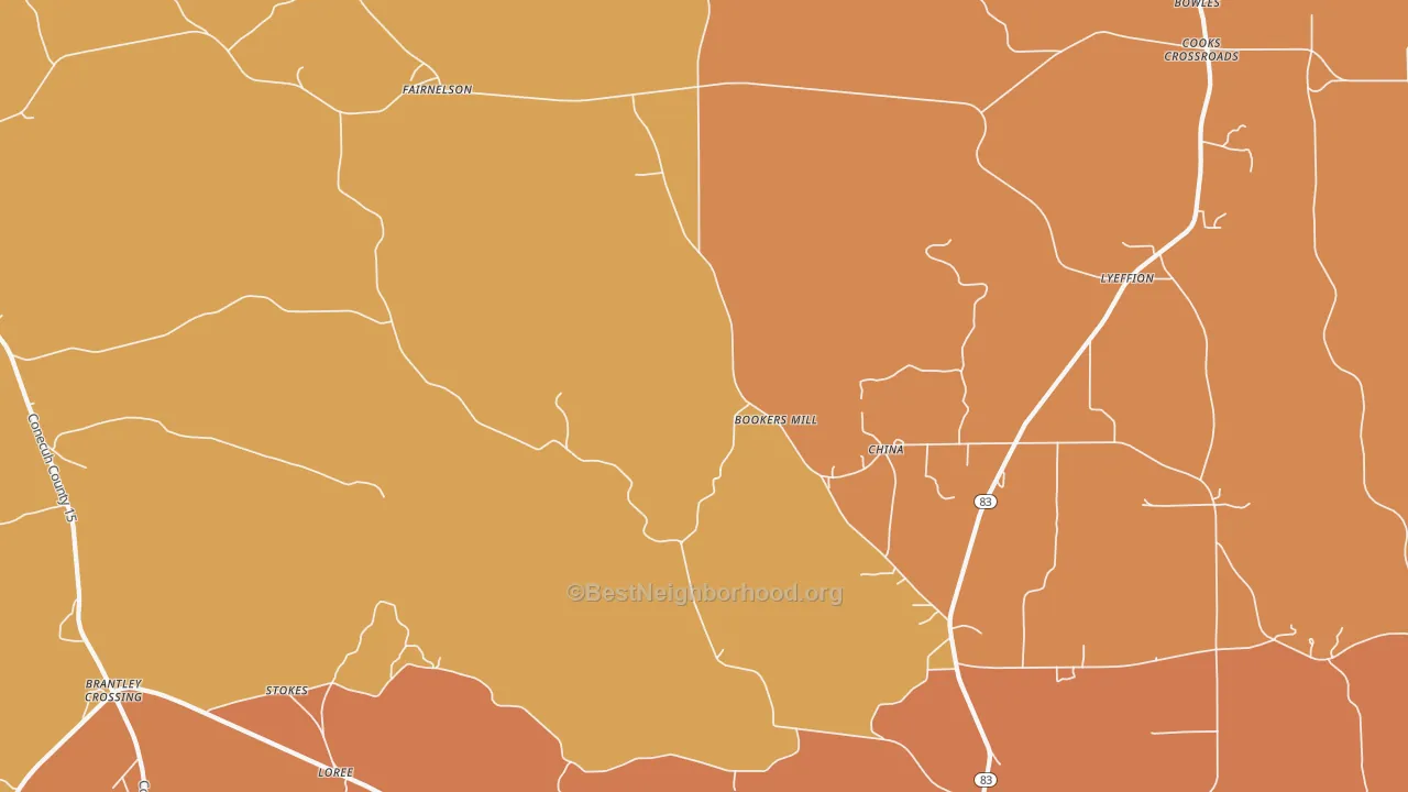 Map of the best neighborhoods in the China area, with better matches in green and worse matches in red