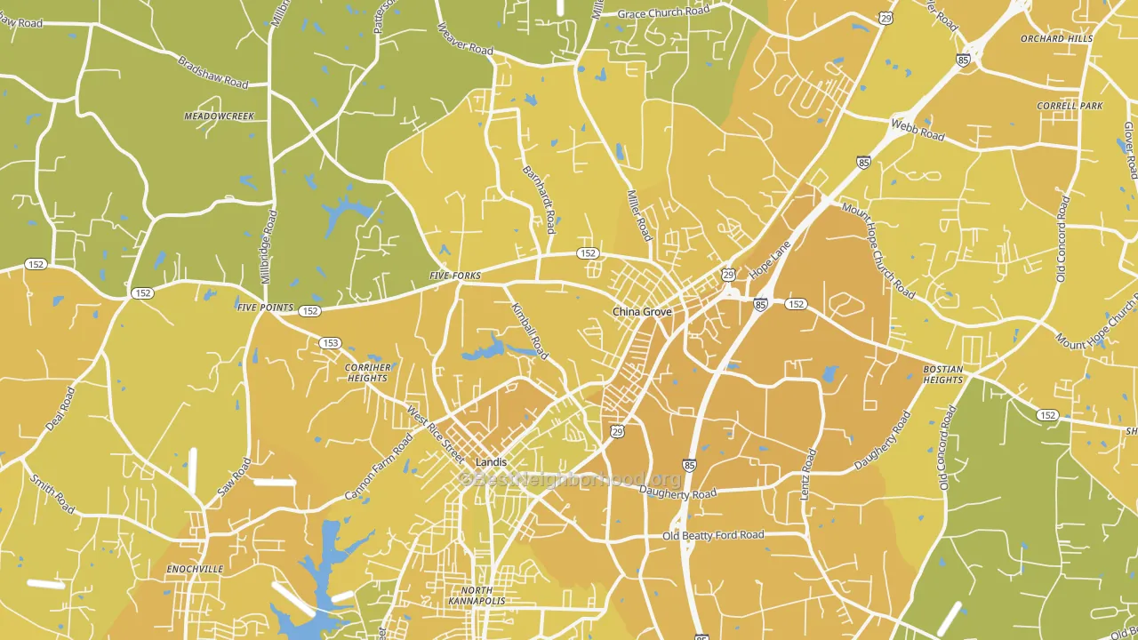 Map of the best neighborhoods in the China Grove area, with better matches in green and worse matches in red