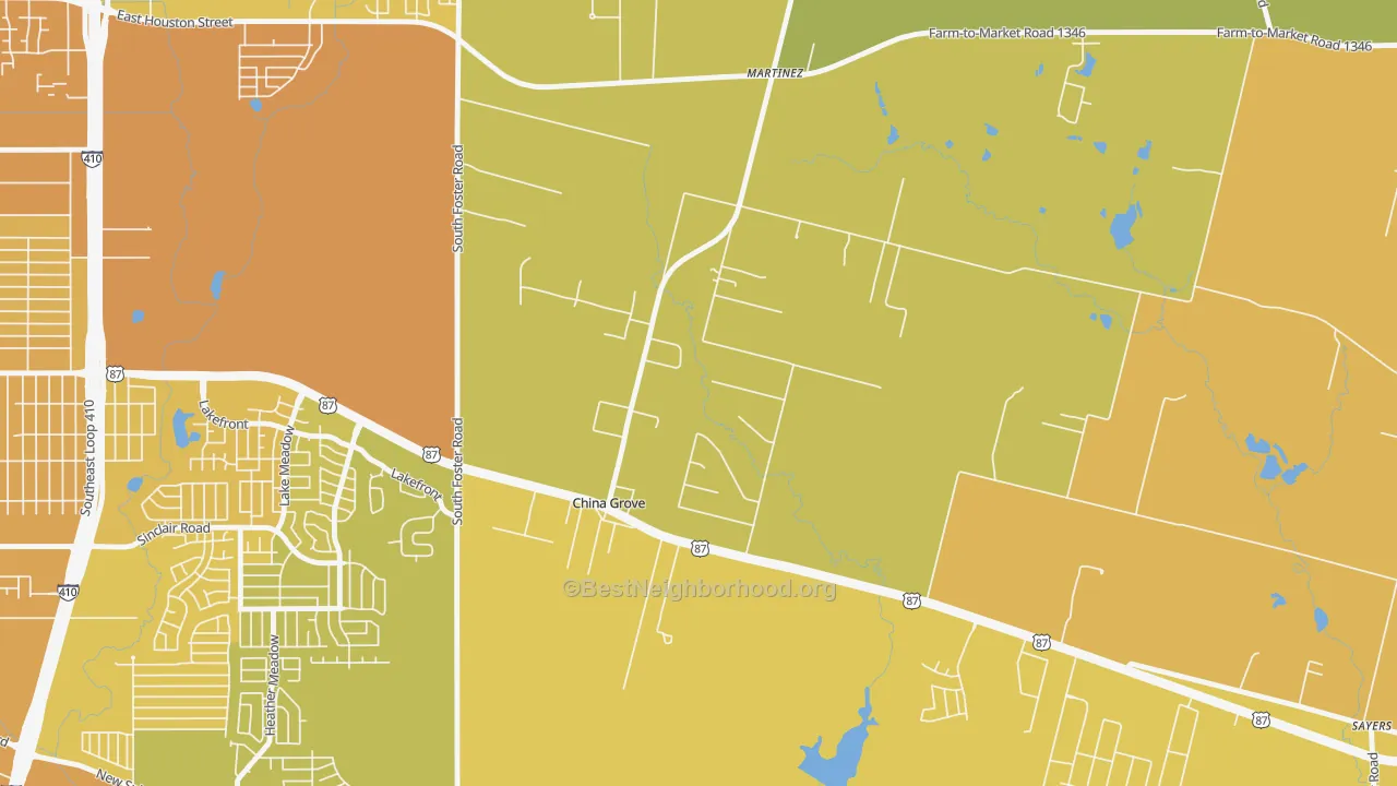 Map of the best neighborhoods in the China Grove area, with better matches in green and worse matches in red