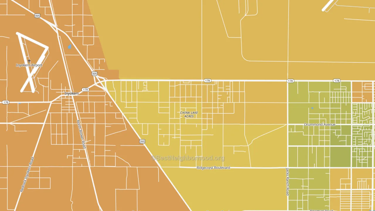Map of the best neighborhoods in the China Lake Acres area, with better matches in green and worse matches in red