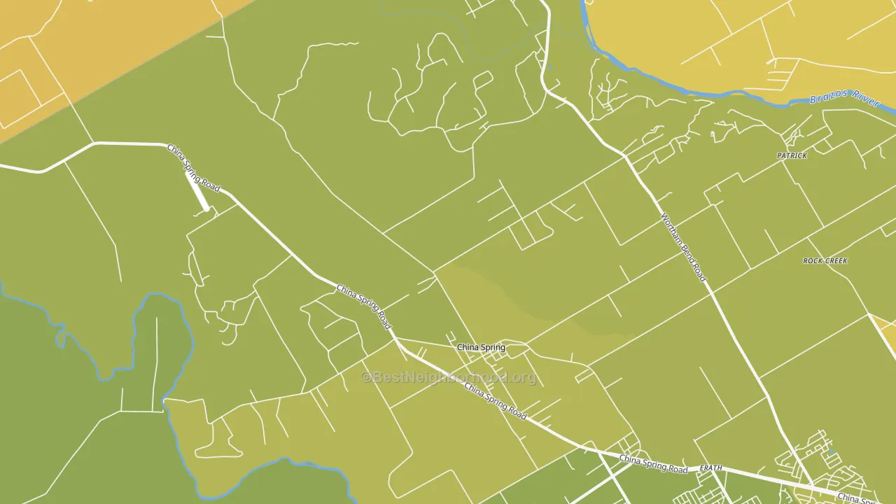 Map of the best neighborhoods in the China Spring area, with better matches in green and worse matches in red