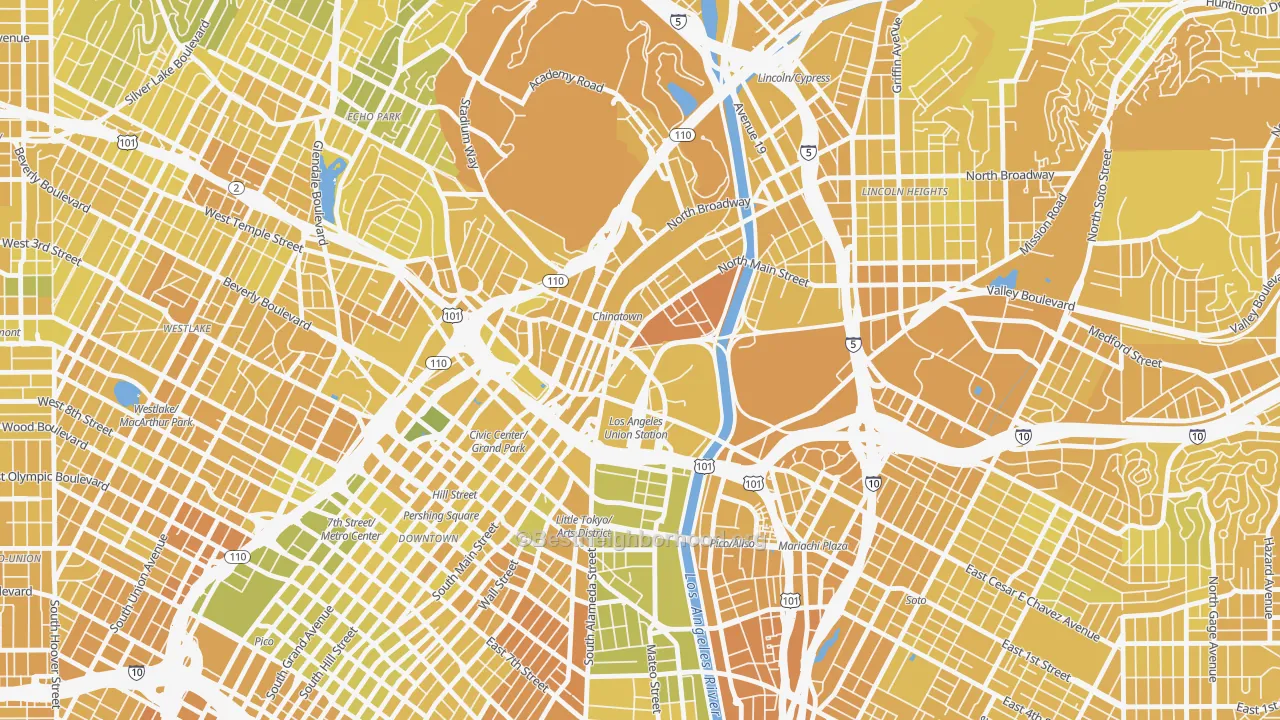 Map of the best neighborhoods in the Chinatown, Los Angeles area, with better matches in green and worse matches in red