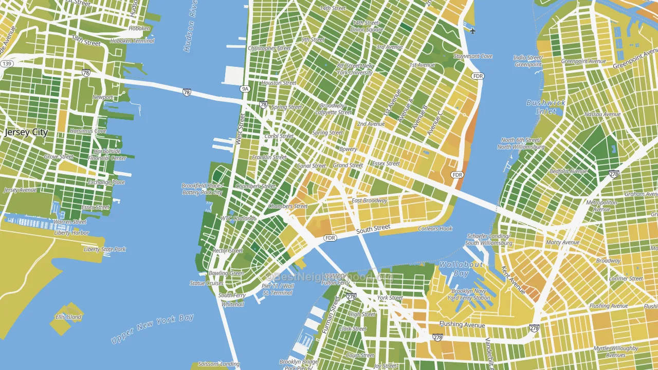 Map of the best neighborhoods in the Chinatown, Manhattan area, with better matches in green and worse matches in red