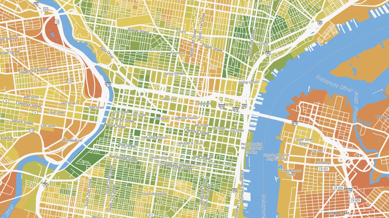 Map of the best neighborhoods in the Chinatown, Philadelphia area, with better matches in green and worse matches in red