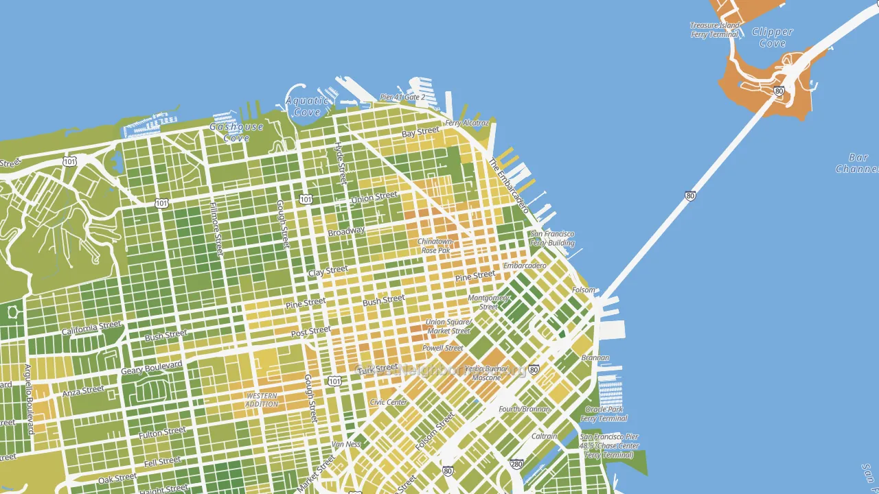 Map of the best neighborhoods in the Chinatown-San Francisco, San Francisco area, with better matches in green and worse matches in red