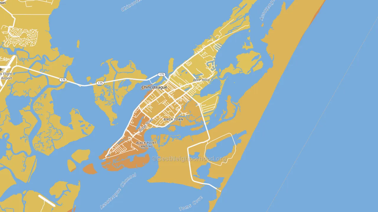 Map of the best neighborhoods in the Chincoteague Island area, with better matches in green and worse matches in red