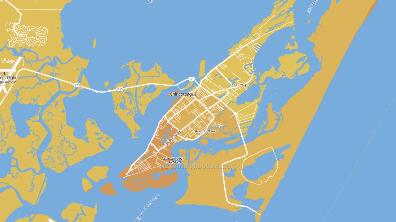 Map of the best neighborhoods in the Chincoteague area, with better matches in green and worse matches in red