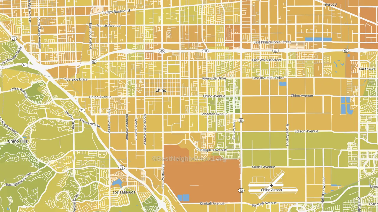 Map of the best neighborhoods in the Chino area, with better matches in green and worse matches in red