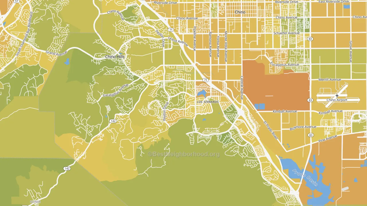 Map of the best neighborhoods in the Chino Hills area, with better matches in green and worse matches in red