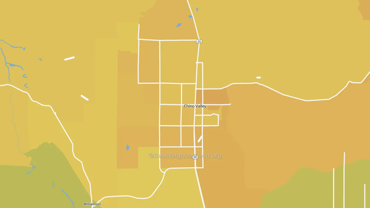 Map of the best neighborhoods in the Chino Valley area, with better matches in green and worse matches in red
