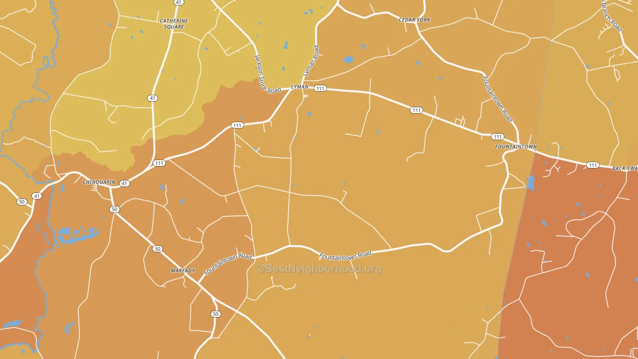 Map of the best neighborhoods in the Chinquapin area, with better matches in green and worse matches in red