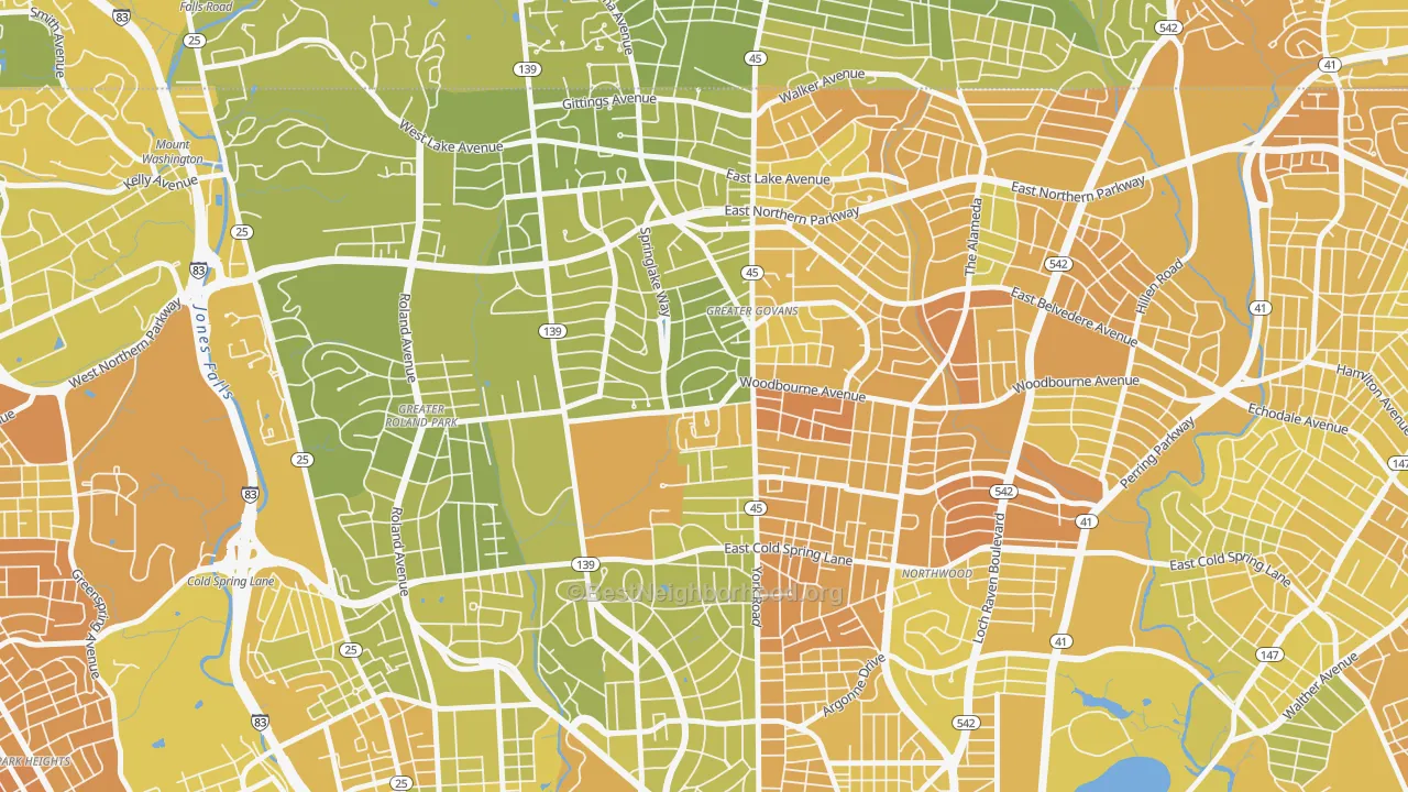 Map of the best neighborhoods in the Chinquapin Park-Belvedere, Baltimore area, with better matches in green and worse matches in red