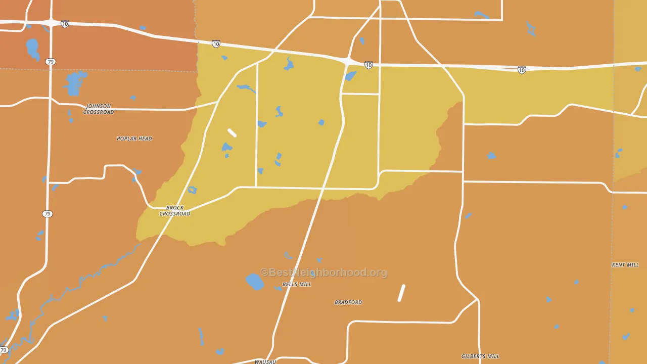 Map of the best neighborhoods in the Chipley area, with better matches in green and worse matches in red