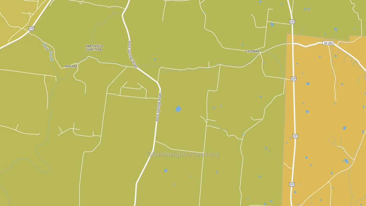 Map of the best neighborhoods in the Chipman area, with better matches in green and worse matches in red