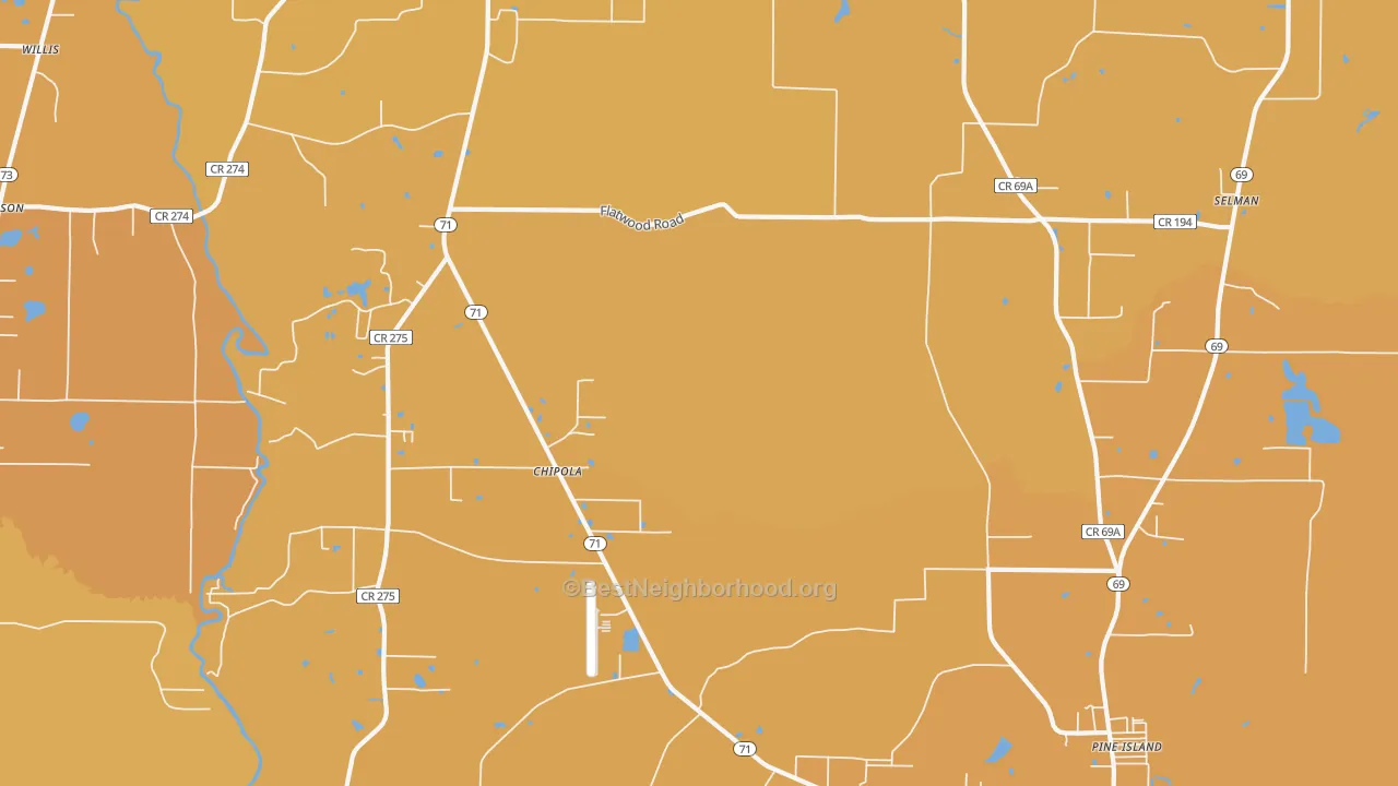 Map of the best neighborhoods in the Chipola area, with better matches in green and worse matches in red