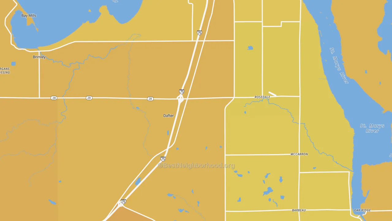 Map of the best neighborhoods in the Chippewa County area, with better matches in green and worse matches in red
