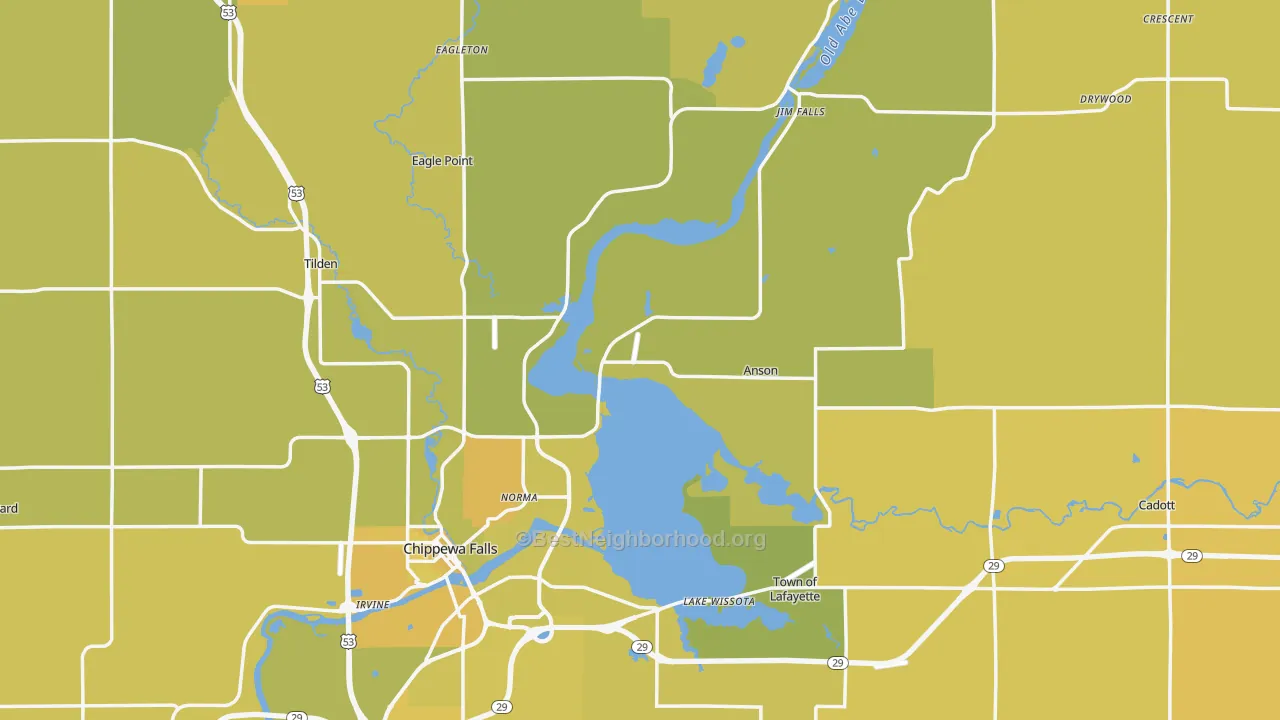 Map of the best neighborhoods in the Chippewa County area, with better matches in green and worse matches in red