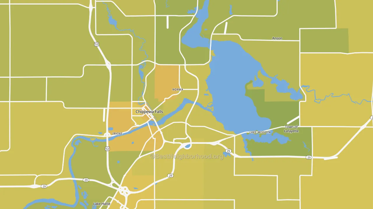 Map of the best neighborhoods in the Chippewa Falls area, with better matches in green and worse matches in red