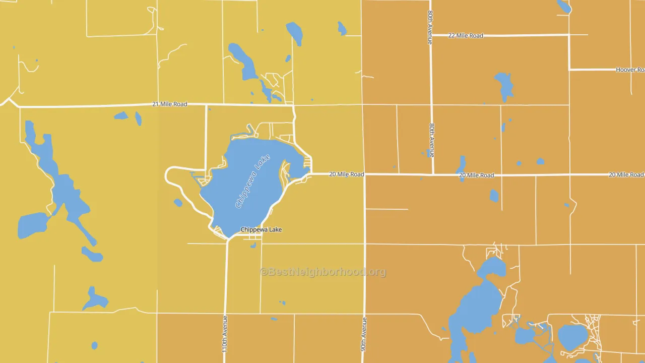 Map of the best neighborhoods in the Chippewa Lake area, with better matches in green and worse matches in red