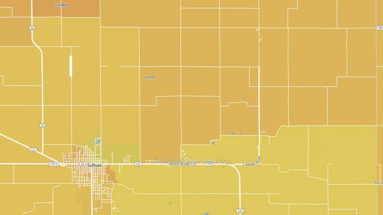 Map of the best neighborhoods in the Chipps area, with better matches in green and worse matches in red