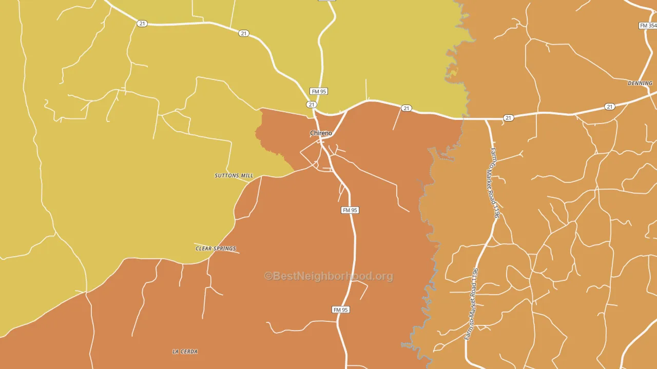 Map of the best neighborhoods in the Chireno area, with better matches in green and worse matches in red