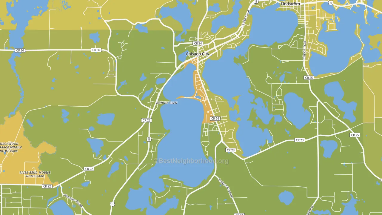 Map of the best neighborhoods in the Chisago City area, with better matches in green and worse matches in red