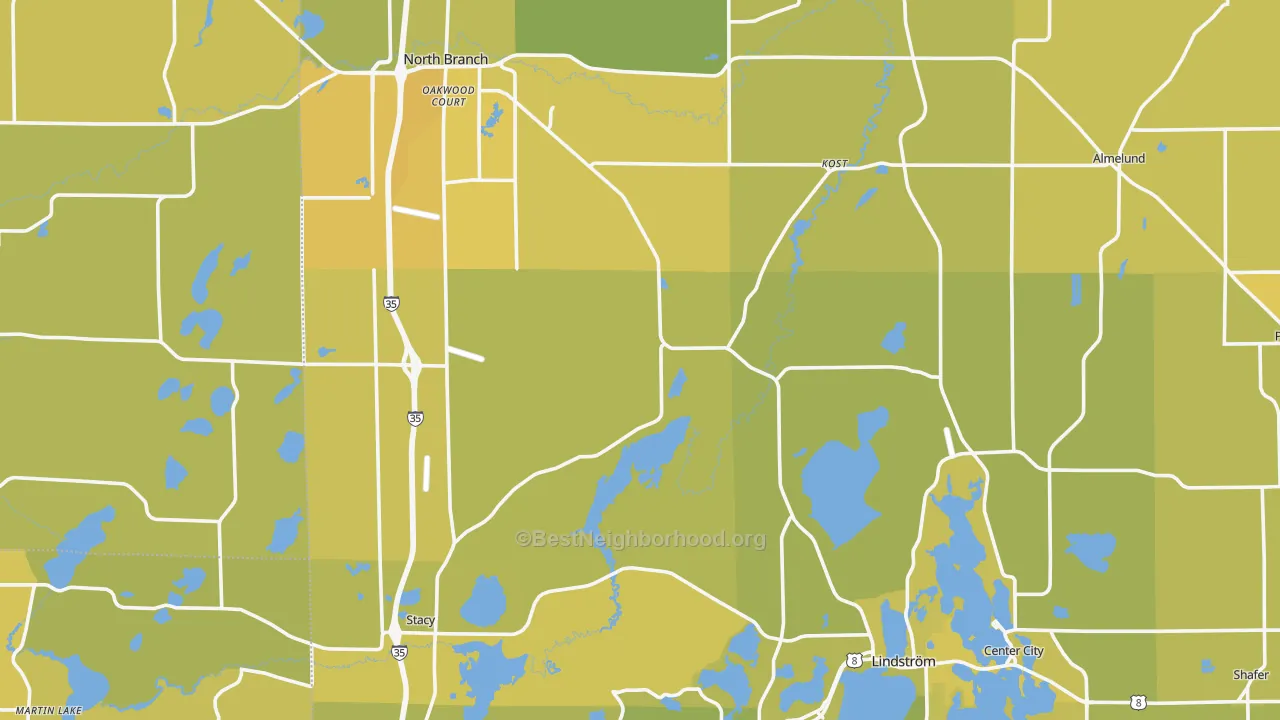 Map of the best neighborhoods in the Chisago County area, with better matches in green and worse matches in red