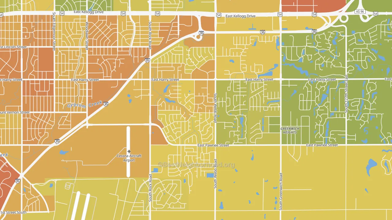 Map of the best neighborhoods in the Chisholm Creek, Wichita area, with better matches in green and worse matches in red