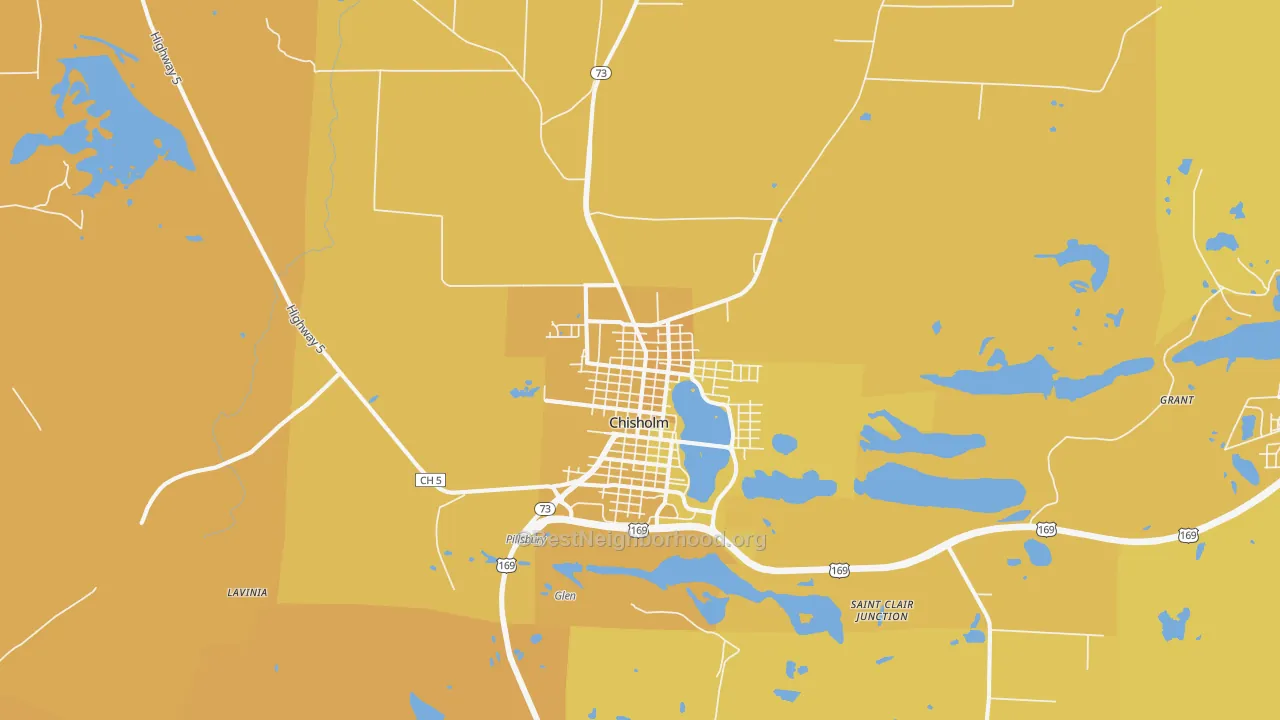 Map of the best neighborhoods in the Chisholm area, with better matches in green and worse matches in red