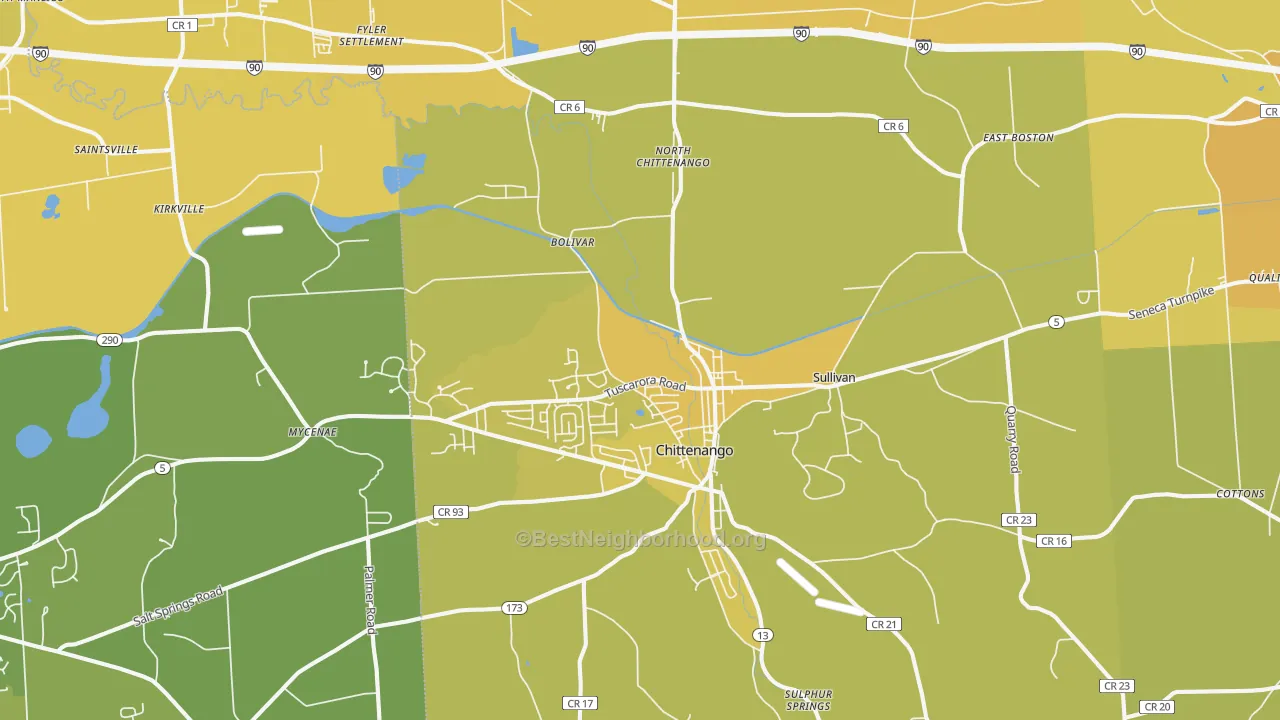 Map of the best neighborhoods in the Chittenango area, with better matches in green and worse matches in red