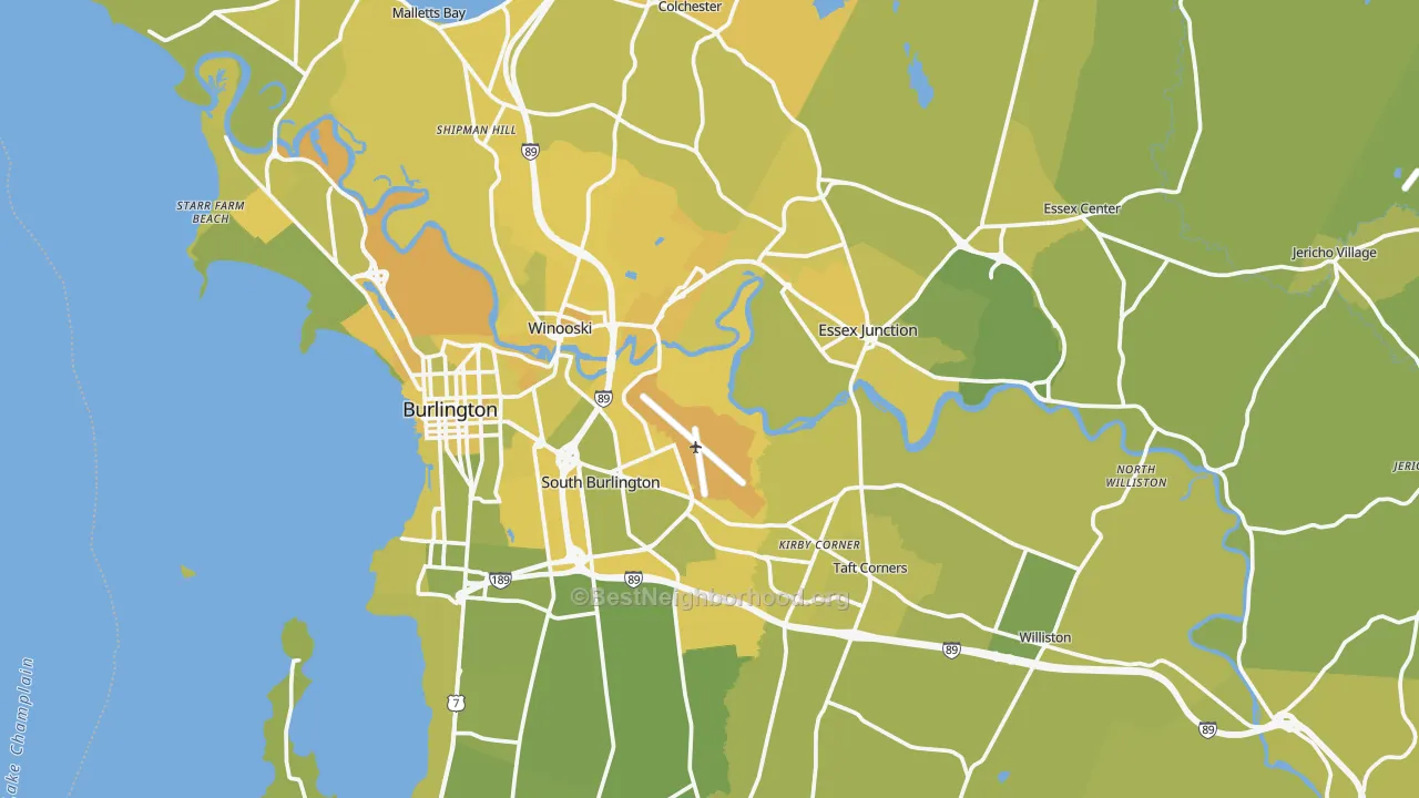 Map of the best neighborhoods in the Chittenden County area, with better matches in green and worse matches in red