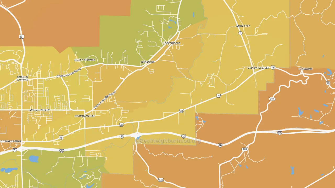 Map of the best neighborhoods in the Choccolocco area, with better matches in green and worse matches in red