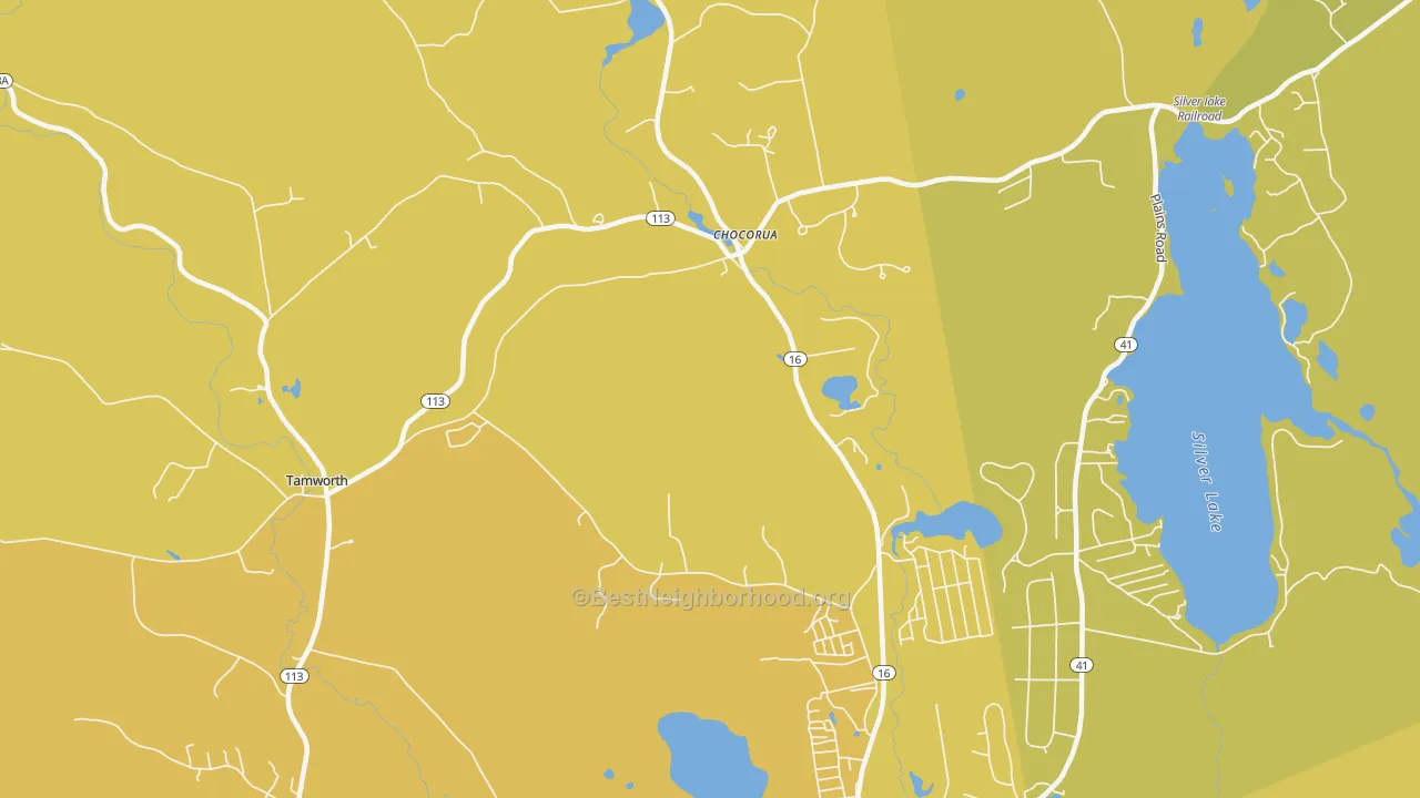 Map of the best neighborhoods in the Chocorua area, with better matches in green and worse matches in red