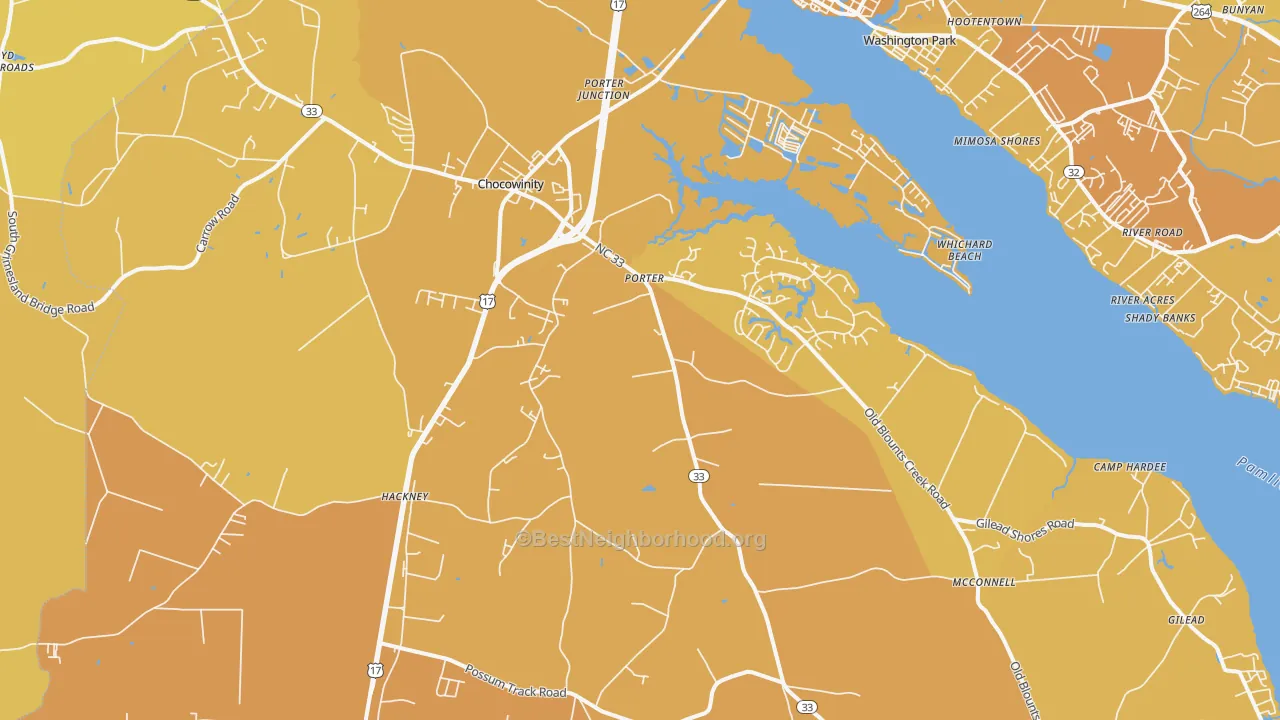 Map of the best neighborhoods in the Chocowinity area, with better matches in green and worse matches in red